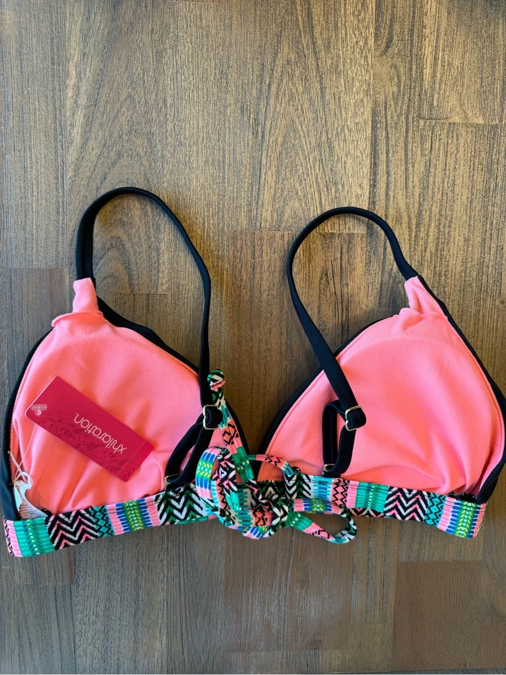 Xhilaration D/DD Cactus Embroidered Bikini Top Black Neon Southwest NWT